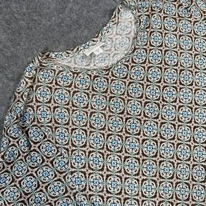 J Jill Love Linen Shirt Womens XL Brown Blue Pattern Short Sleeve Scoop Neck